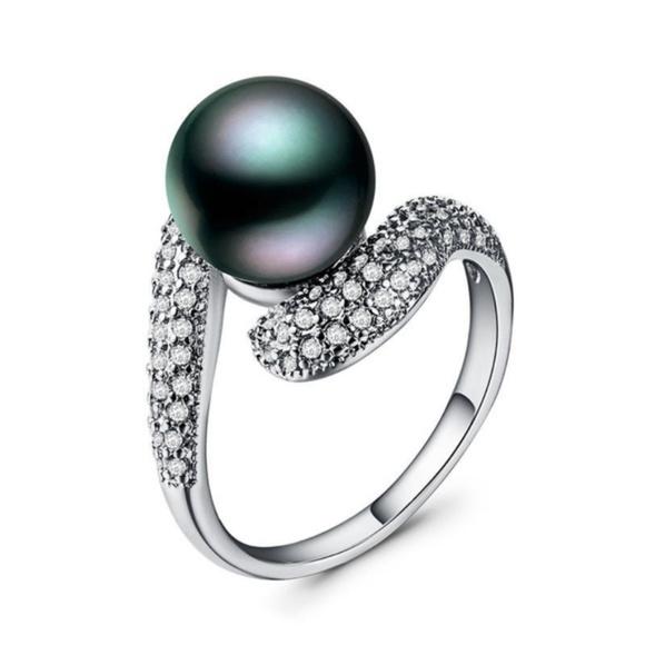 New 925 Silver Ring Round Cut Black Pearl Ring - Picture 4 of 5